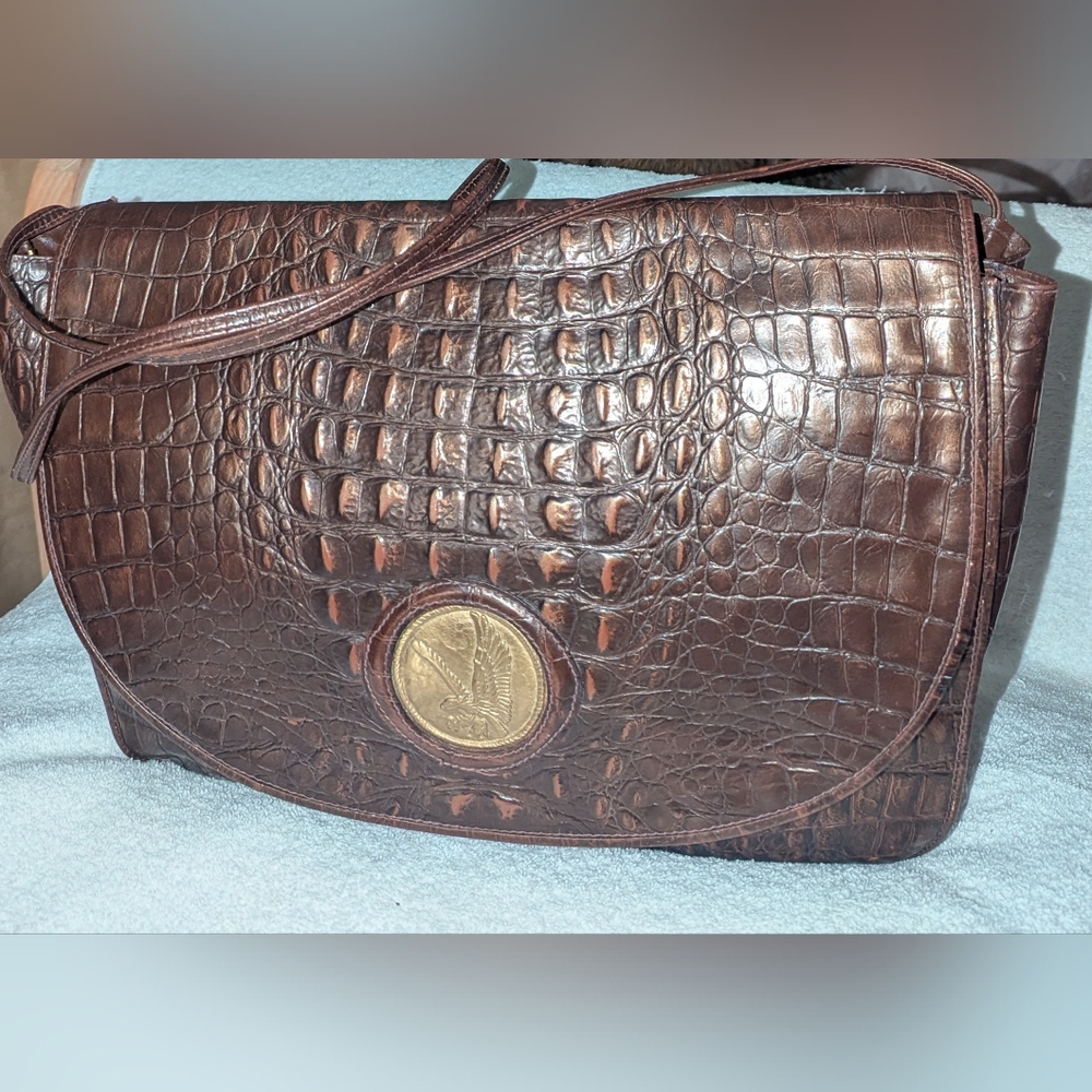 Mika Vintage Brown and Gold Shoulder Bag with Crocodile Texture